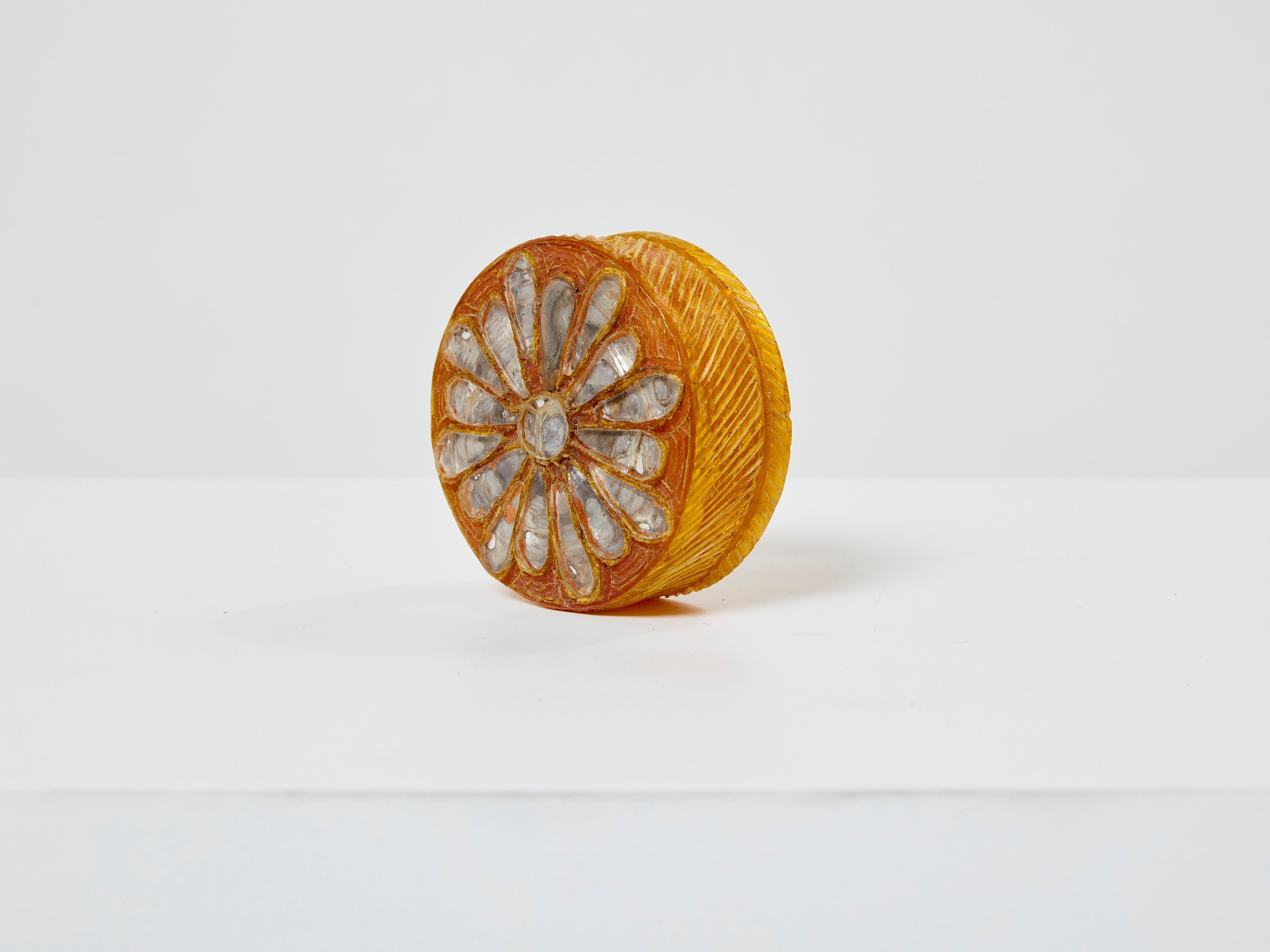 Line Vautrin yellow talosel marguerite mirror round box 1960