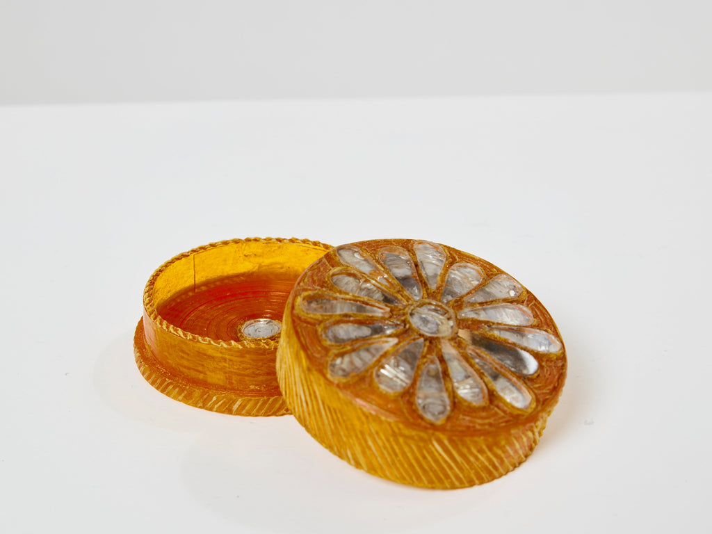 Line Vautrin yellow talosel marguerite mirror round box 1960