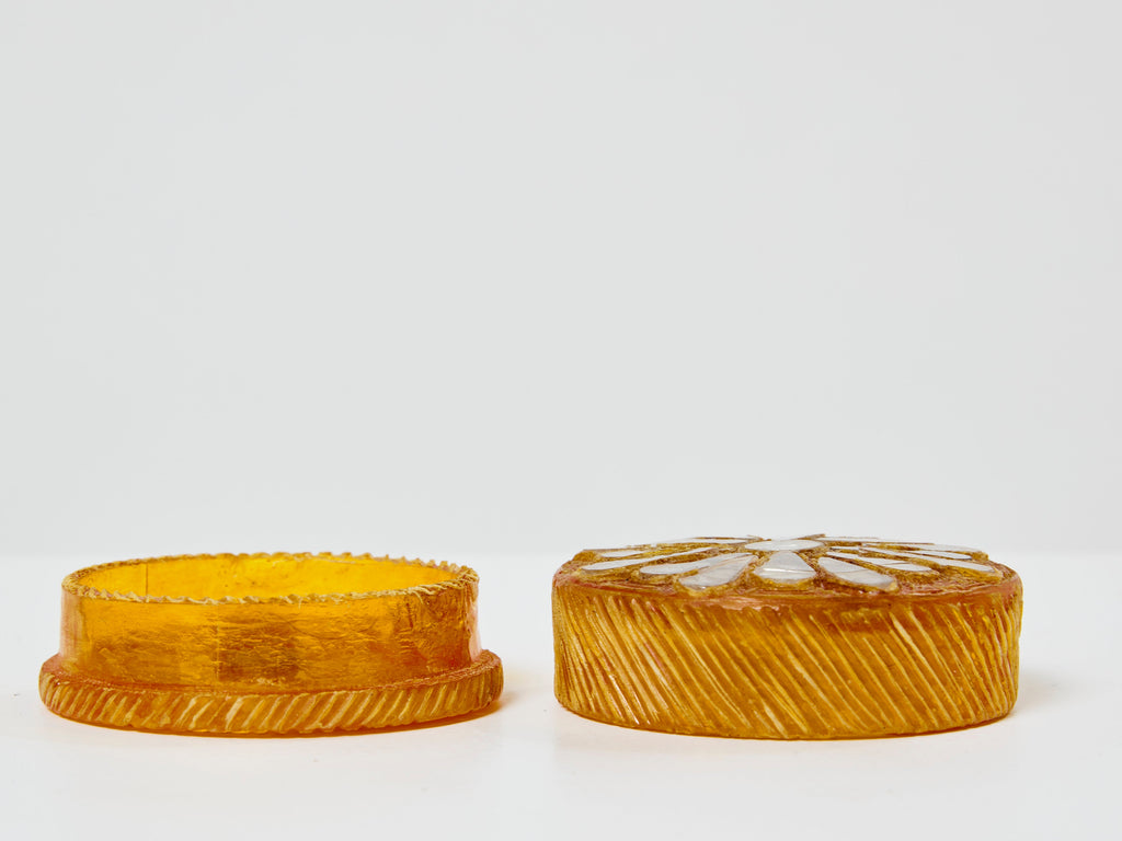 Line Vautrin yellow talosel marguerite mirror round box 1960