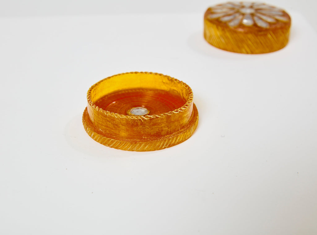 Line Vautrin yellow talosel marguerite mirror round box 1960
