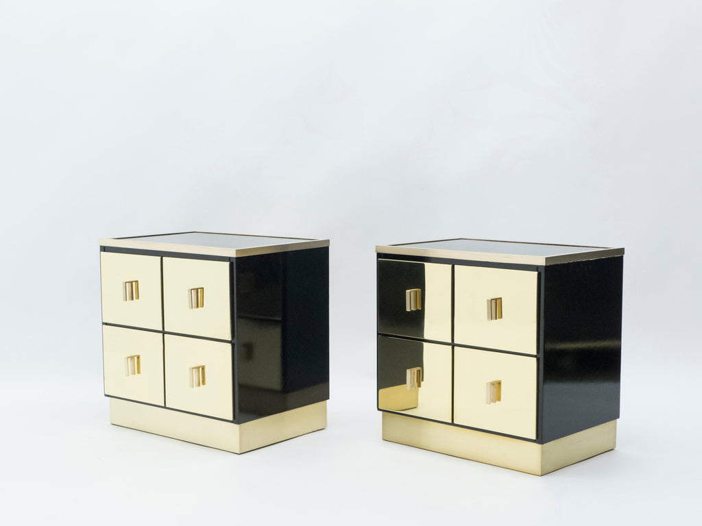 Pair of Italian Luciano Frigerio black lacquered brass nightstands tables 1970s