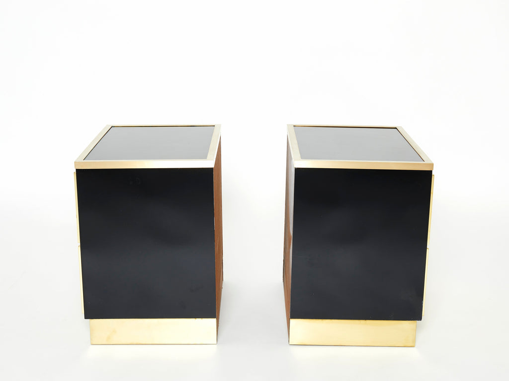 Pair of Italian Luciano Frigerio black lacquered brass nightstands tables 1970s