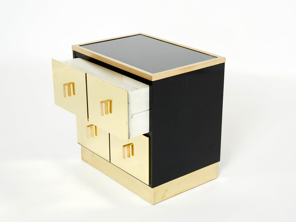 Pair of Italian Luciano Frigerio black lacquered brass nightstands tables 1970s