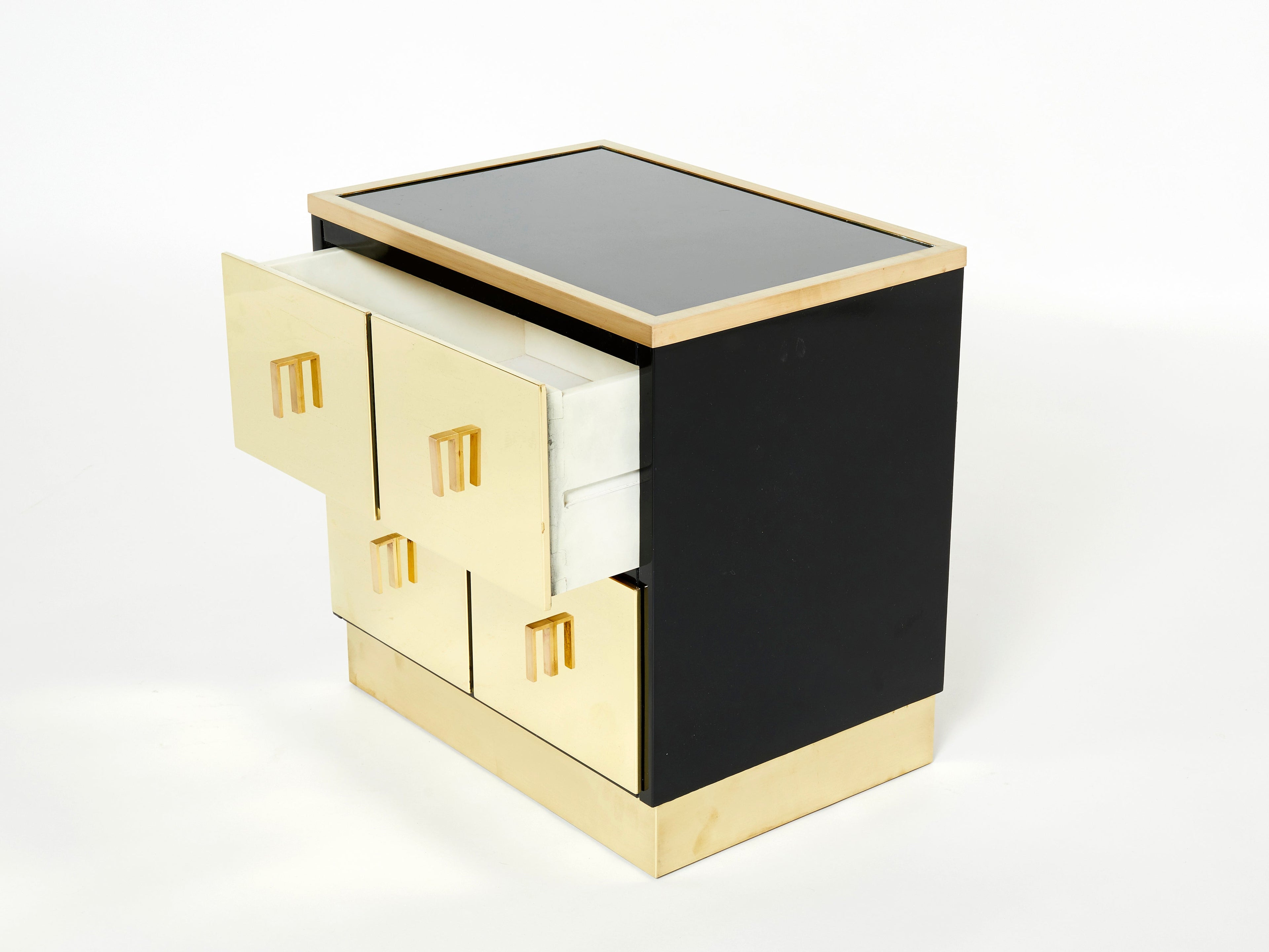 Pair of Italian Luciano Frigerio black lacquered brass nightstands tables 1970s