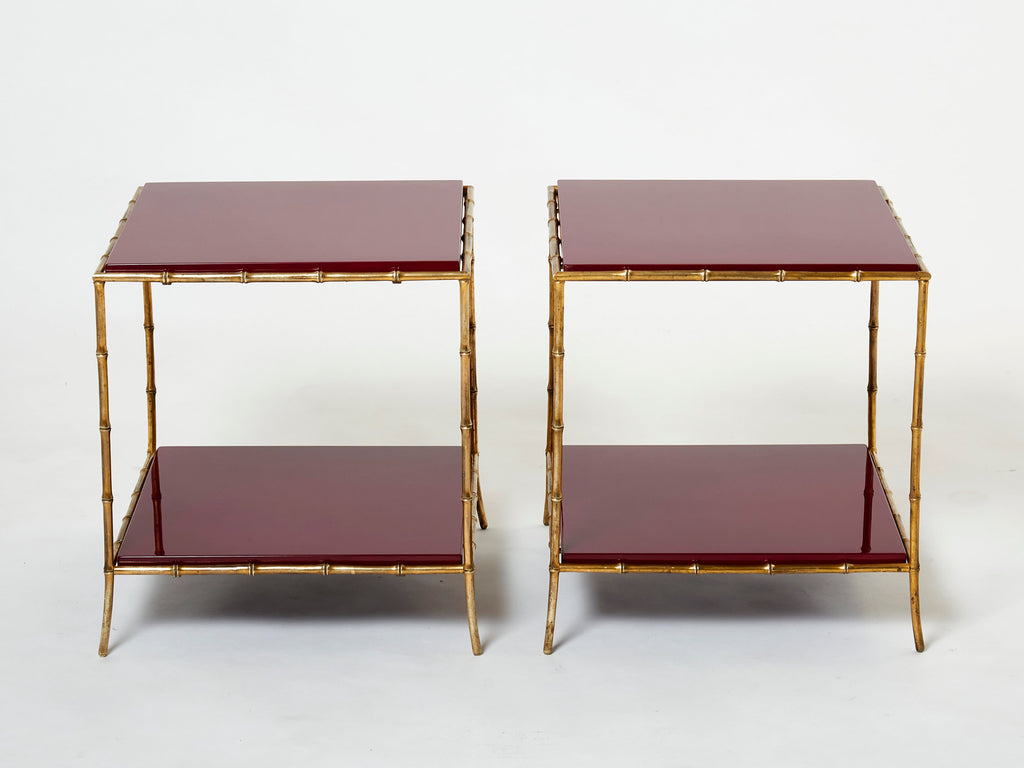 Pair of Maison Baguès bamboo brass red lacquer end tables 1960s