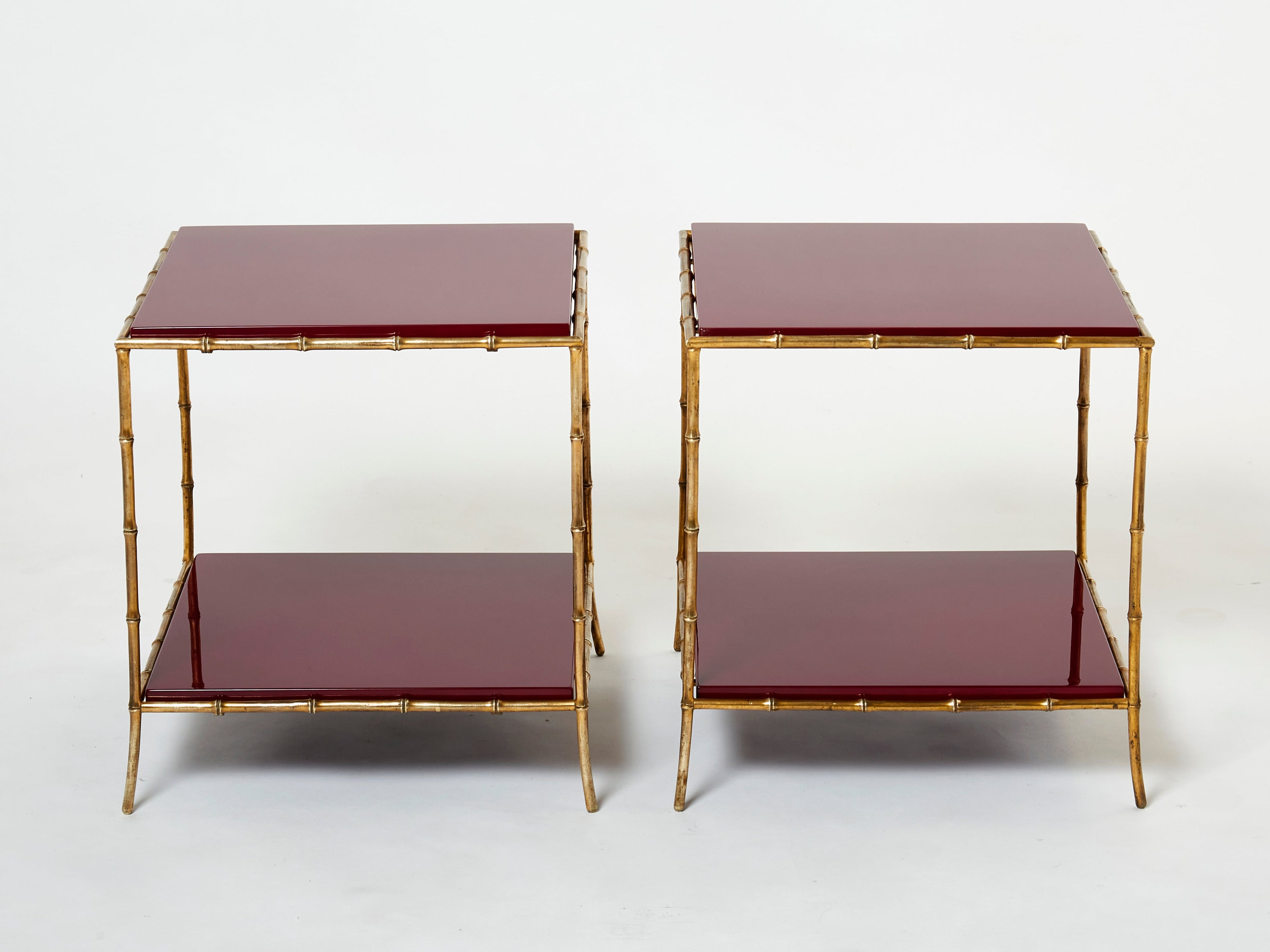 Pair of Maison Baguès bamboo brass red lacquer end tables 1960s