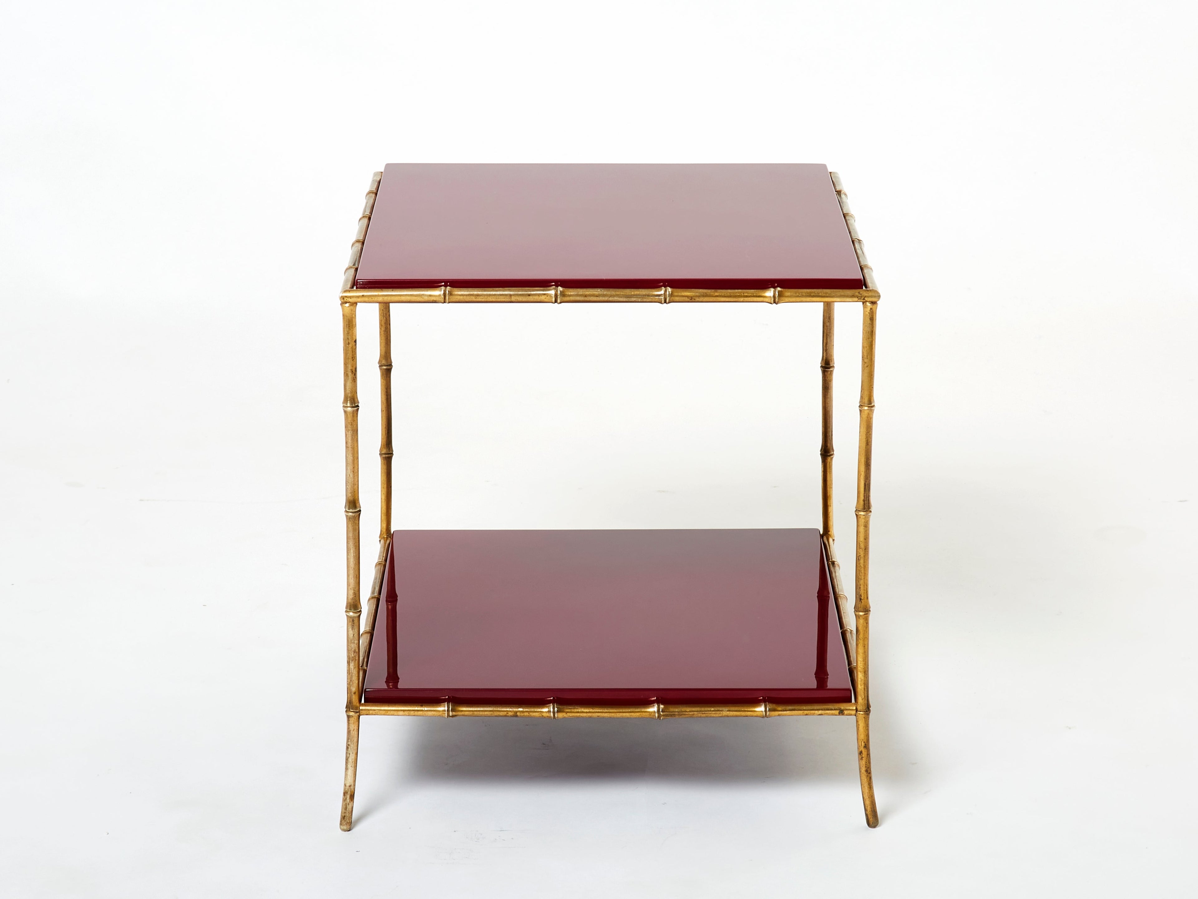 Pair of Maison Baguès bamboo brass red lacquer end tables 1960s