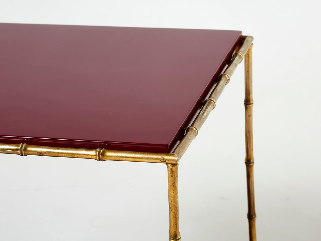 Pair of Maison Baguès bamboo brass red lacquer end tables 1960s