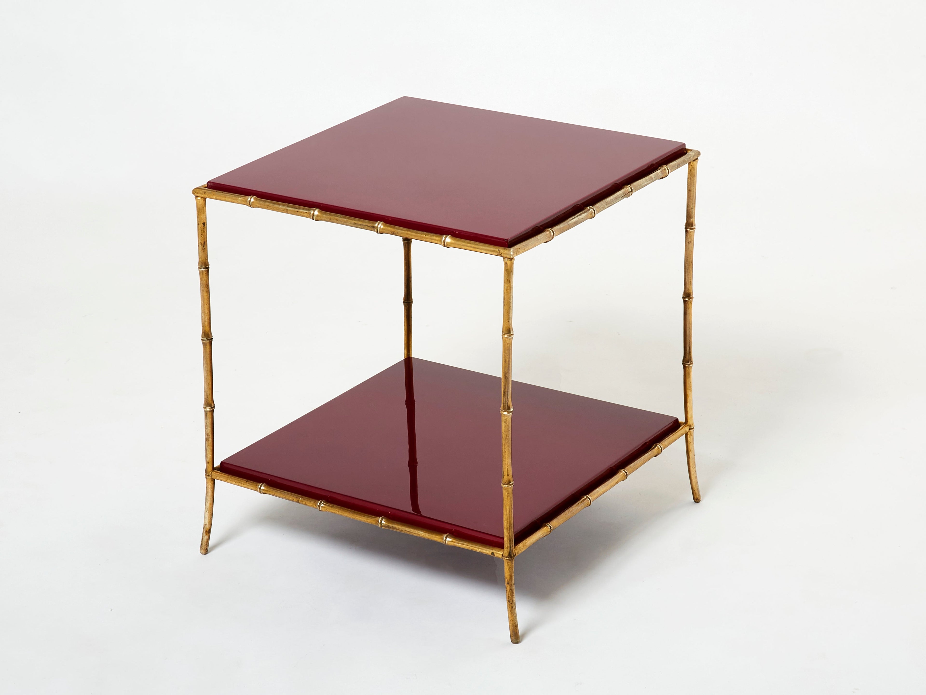 Pair of Maison Baguès bamboo brass red lacquer end tables 1960s