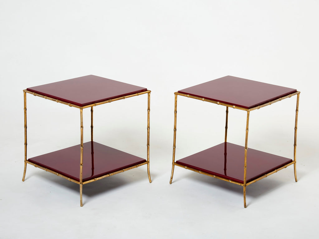 Pair of Maison Baguès bamboo brass red lacquer end tables 1960s