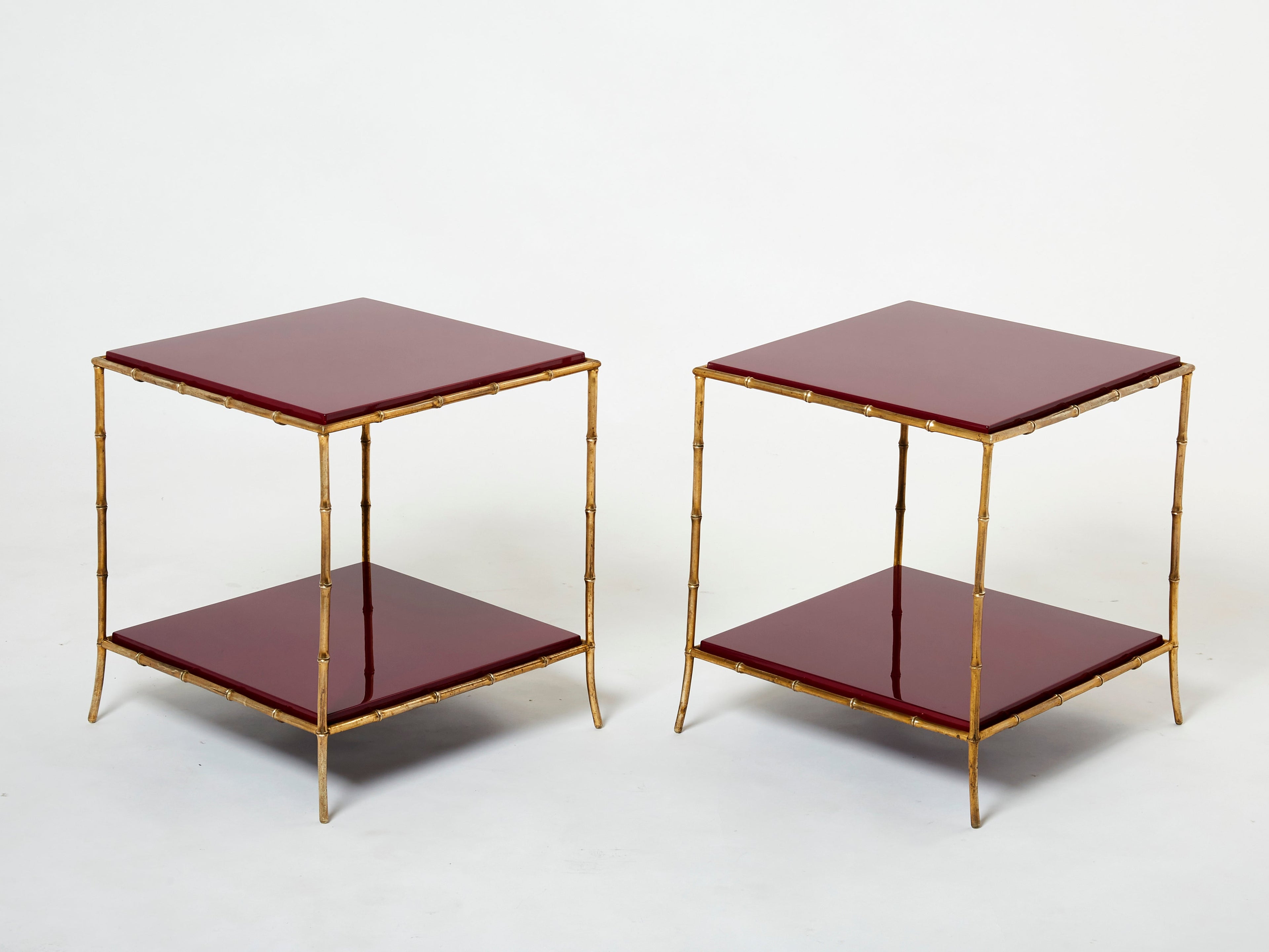 Pair of Maison Baguès bamboo brass red lacquer end tables 1960s