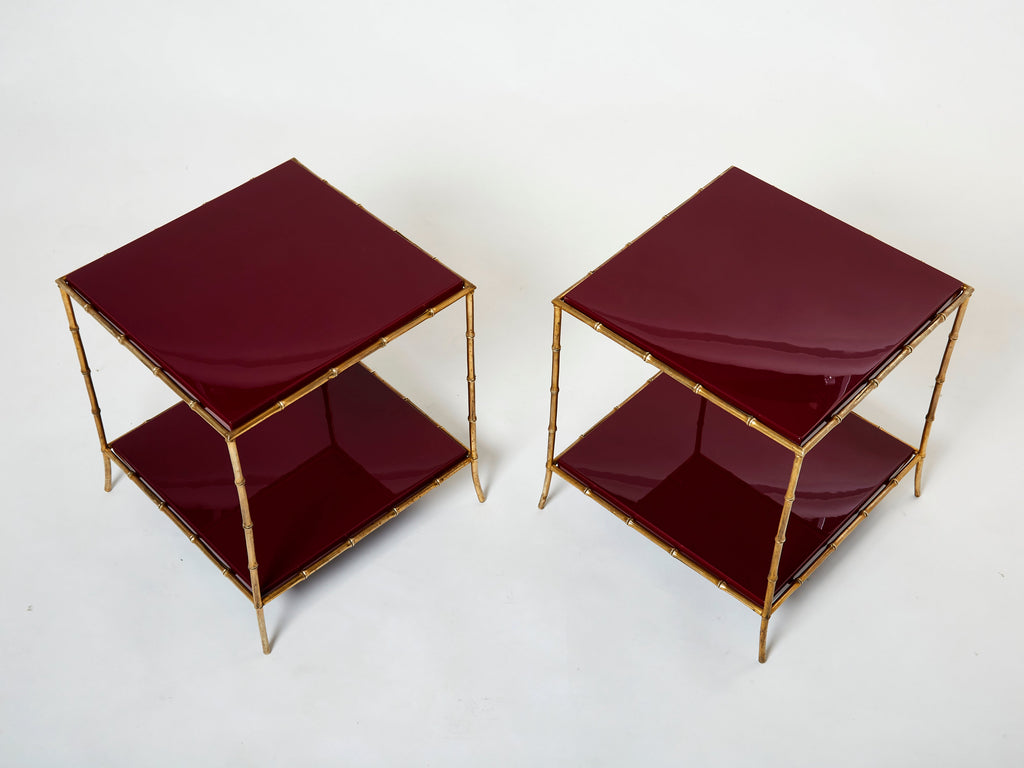 Pair of Maison Baguès bamboo brass red lacquer end tables 1960s