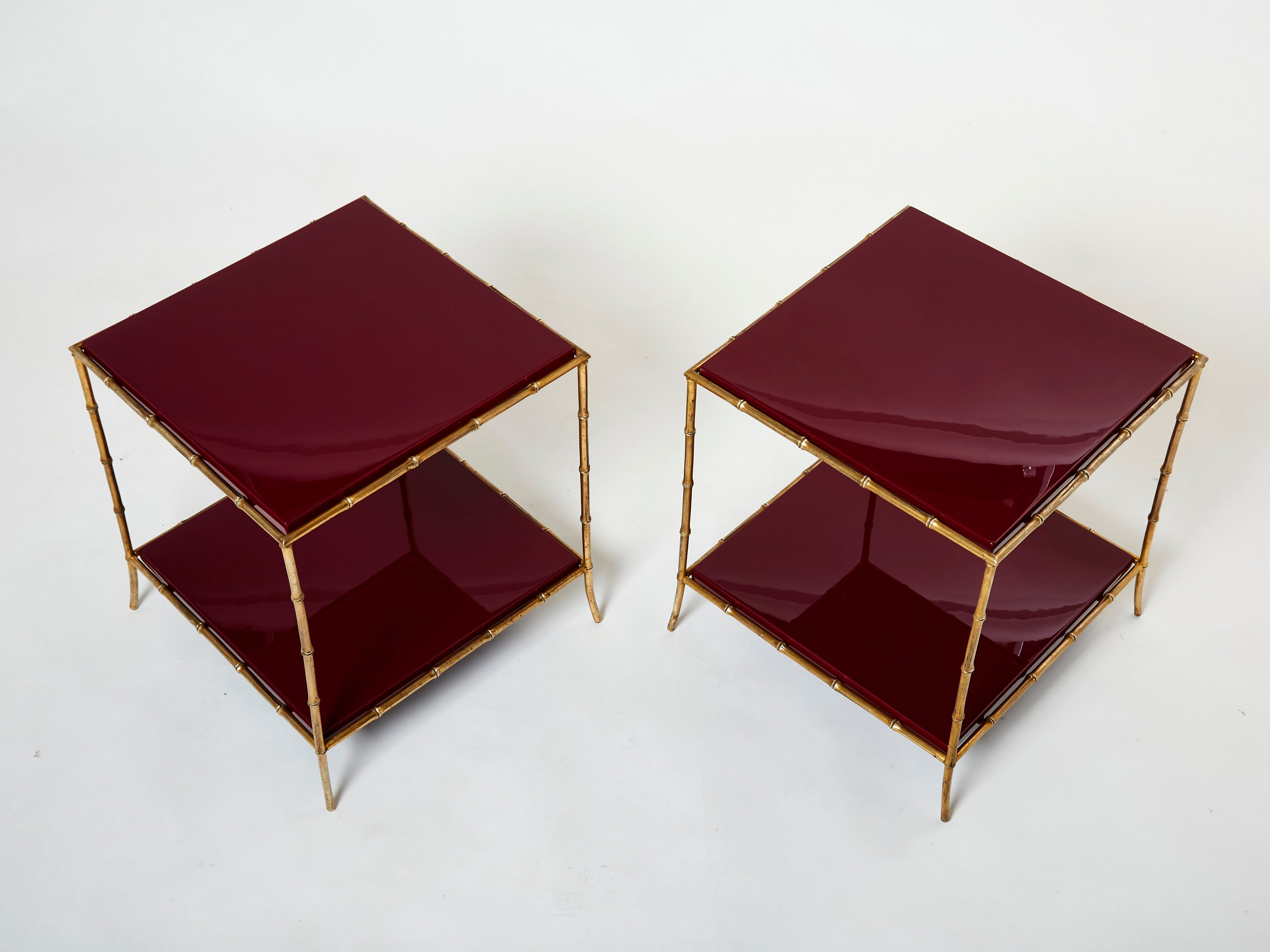 Pair of Maison Baguès bamboo brass red lacquer end tables 1960s