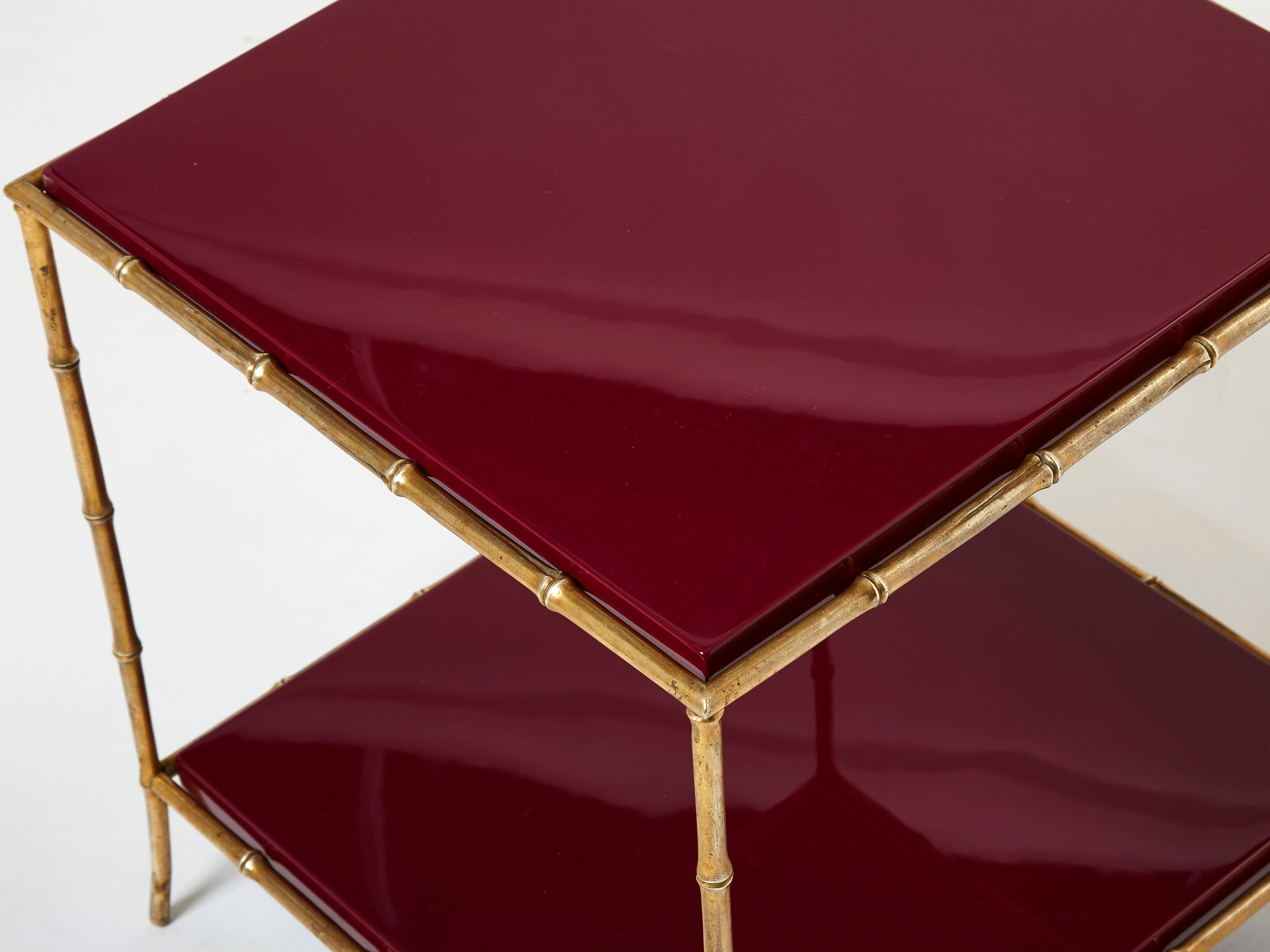 Pair of Maison Baguès bamboo brass red lacquer end tables 1960s