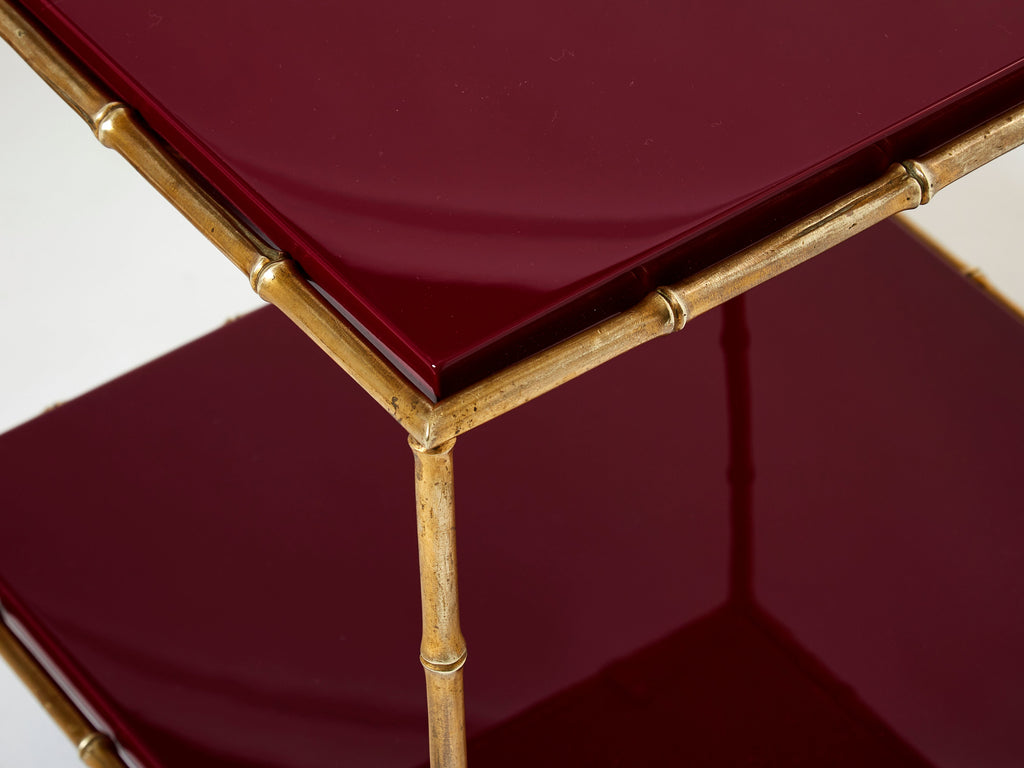 Pair of Maison Baguès bamboo brass red lacquer end tables 1960s