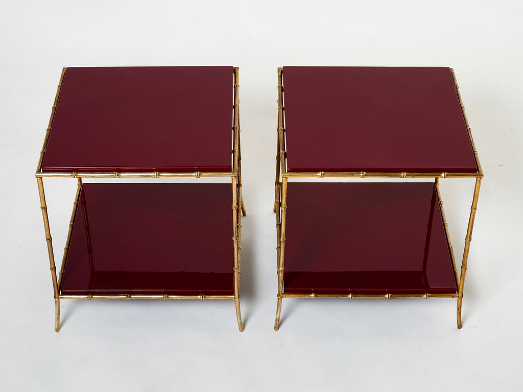 Pair of Maison Baguès bamboo brass red lacquer end tables 1960s