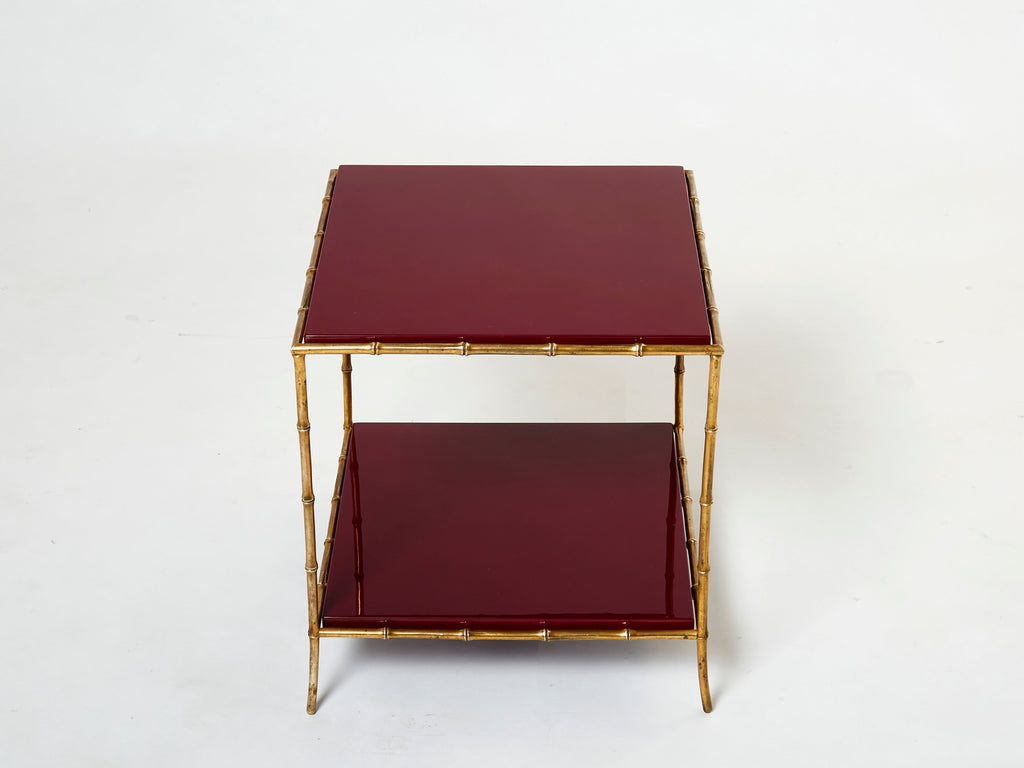 Pair of Maison Baguès bamboo brass red lacquer end tables 1960s
