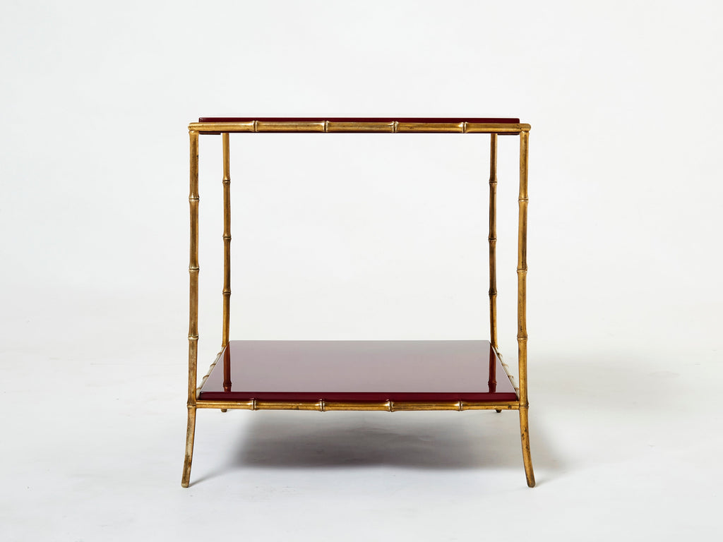 Pair of Maison Baguès bamboo brass red lacquer end tables 1960s