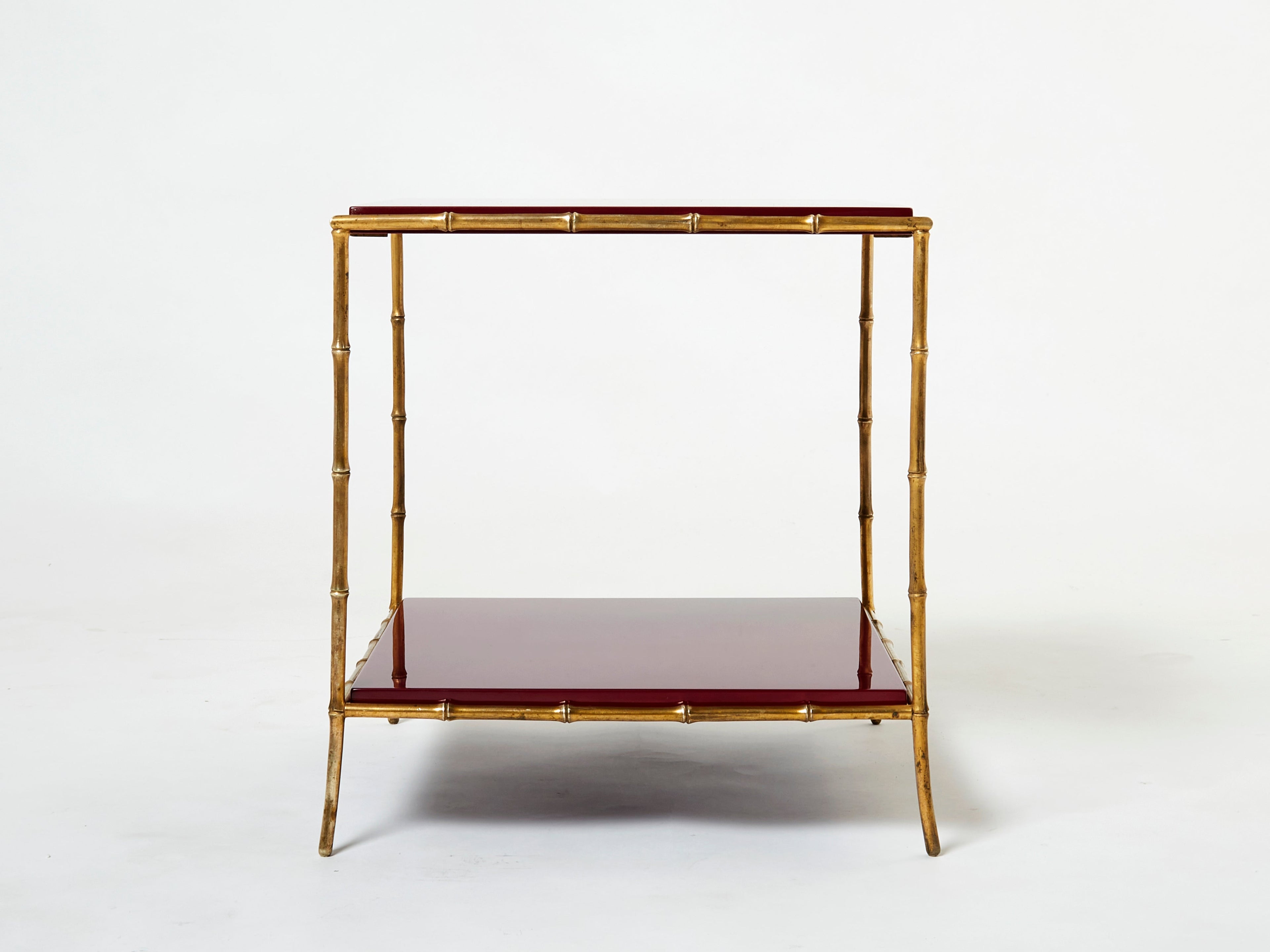 Pair of Maison Baguès bamboo brass red lacquer end tables 1960s
