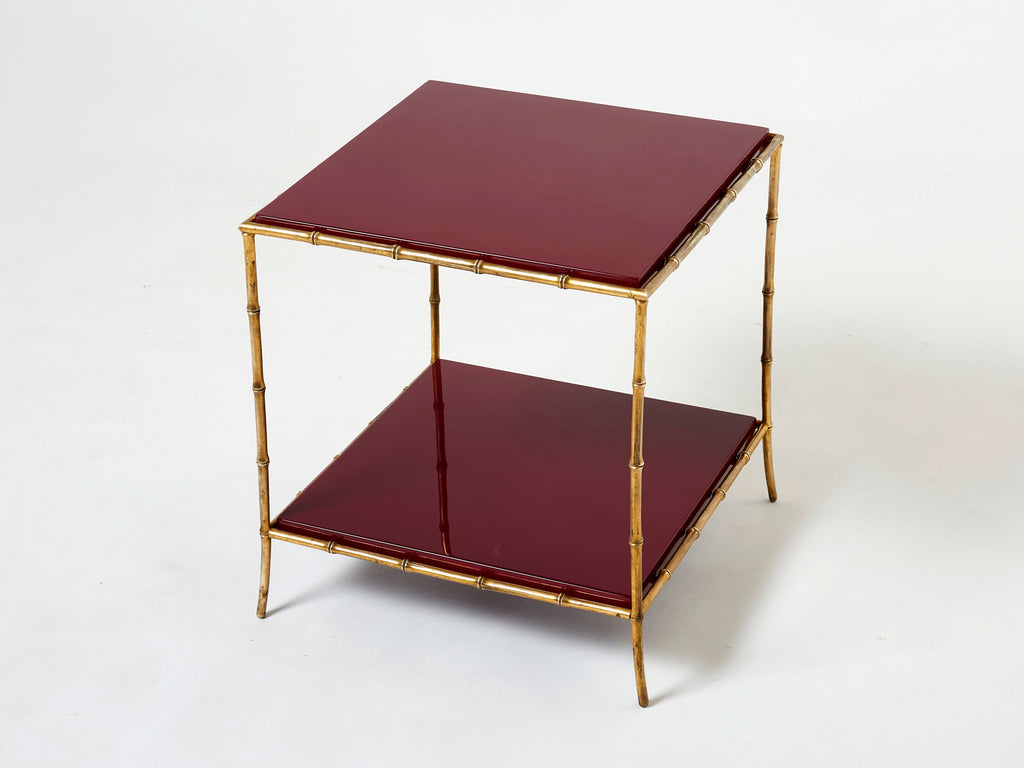 Pair of Maison Baguès bamboo brass red lacquer end tables 1960s