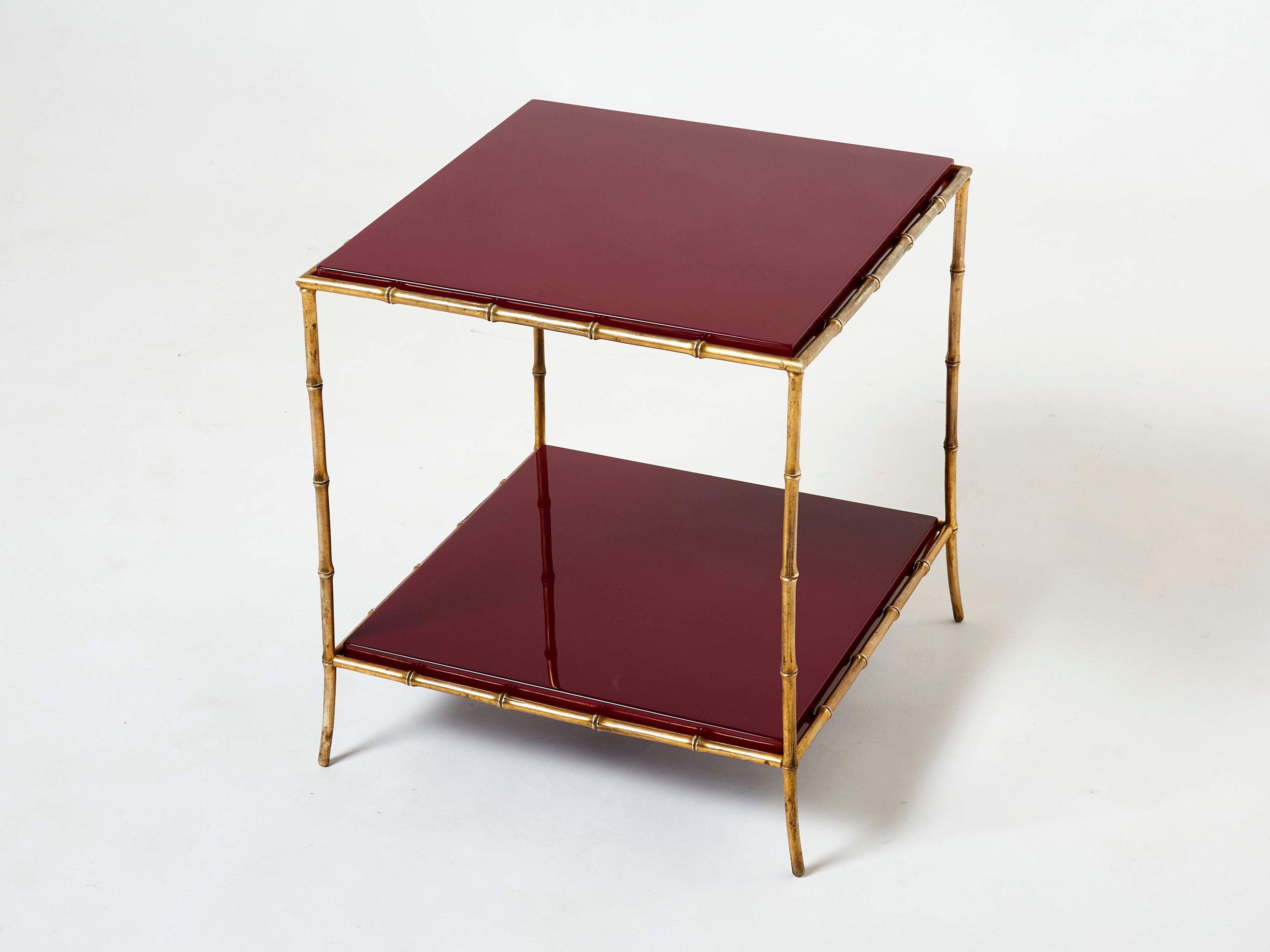 Pair of Maison Baguès bamboo brass red lacquer end tables 1960s