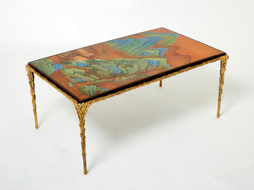 Maison Baguès foliage gilt bronze Chinese lacquered coffee table 1960s
