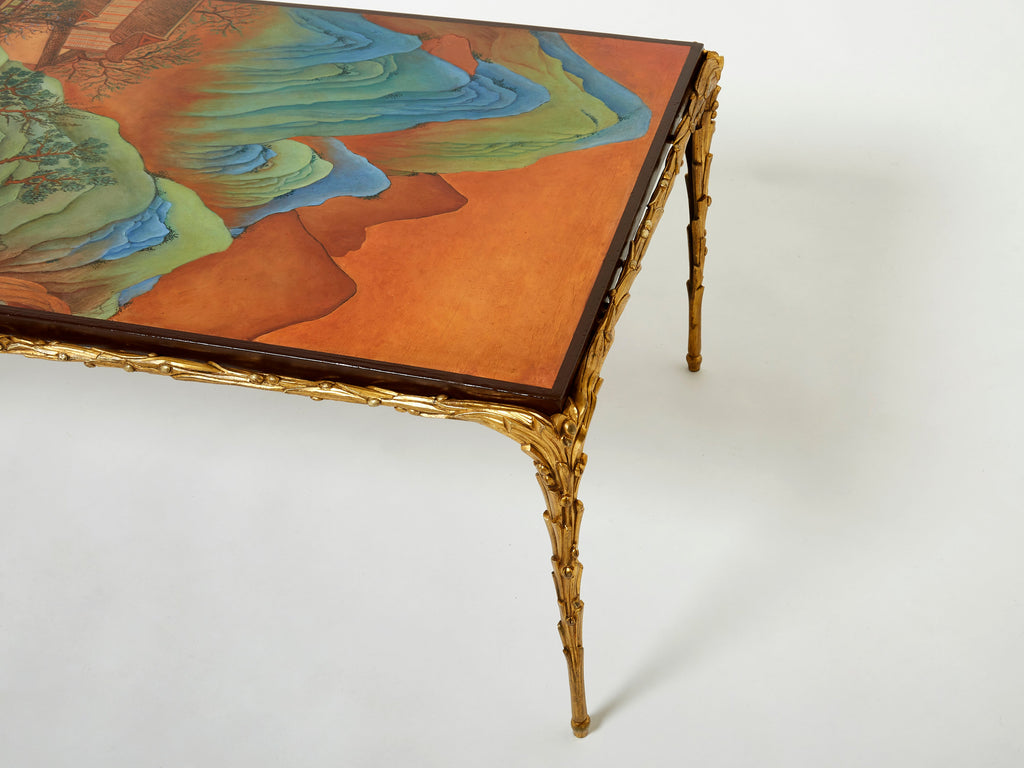 Maison Baguès foliage gilt bronze Chinese lacquered coffee table 1960s
