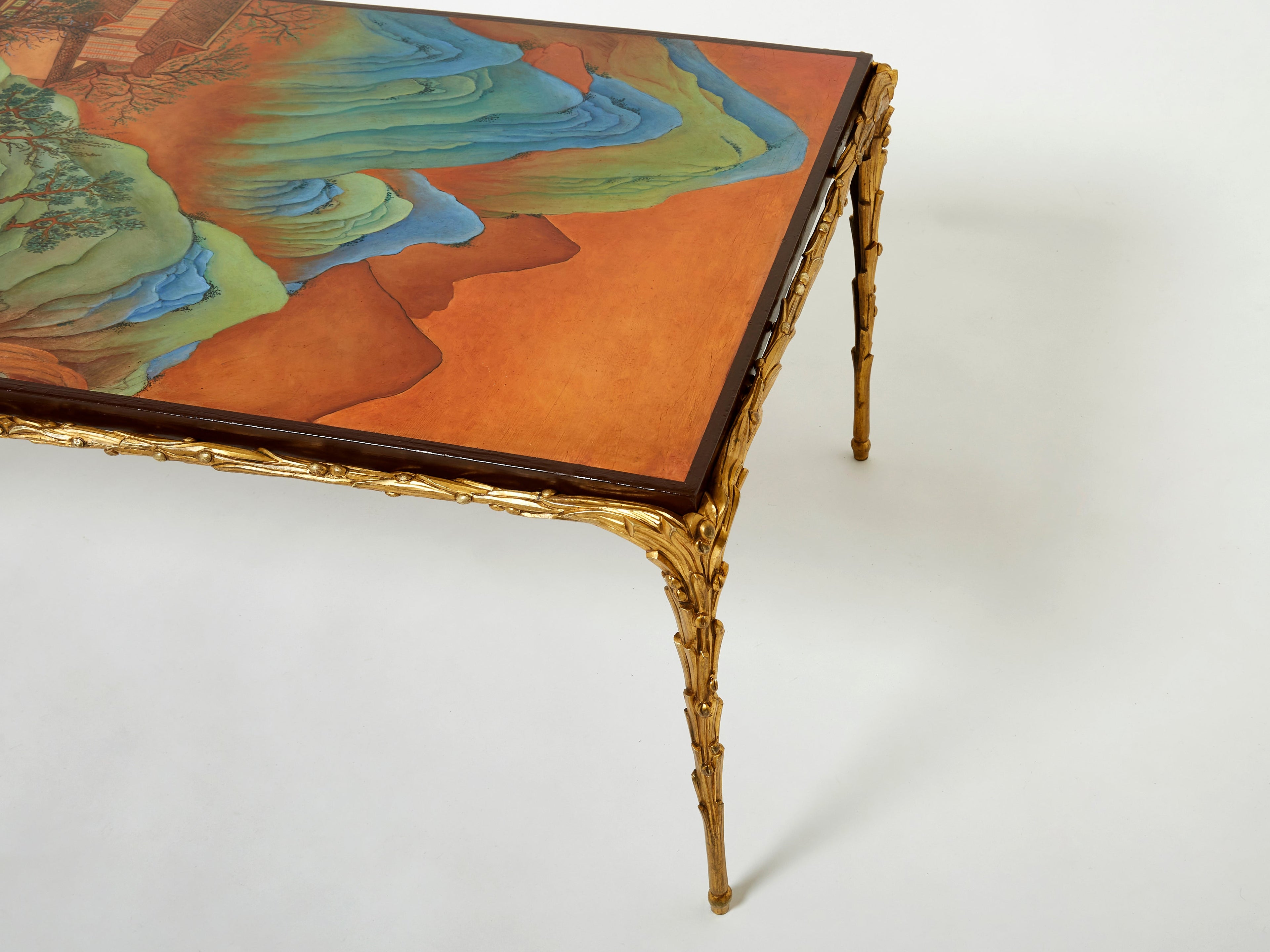 Maison Baguès foliage gilt bronze Chinese lacquered coffee table 1960s