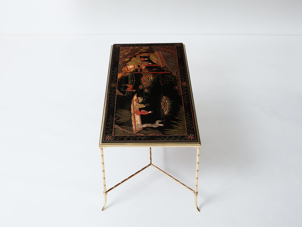 Maison Baguès bamboo brass Chinese lacquered coffee table 1960s