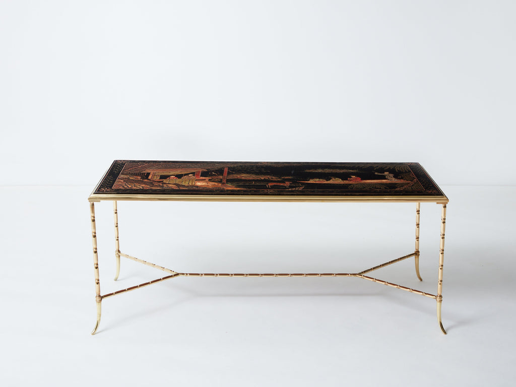 Maison Baguès bamboo brass Chinese lacquered coffee table 1960s