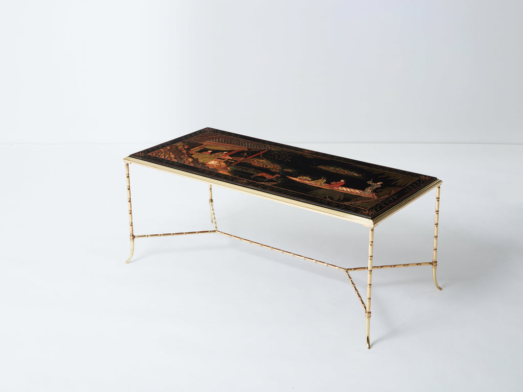 Maison Baguès bamboo brass Chinese lacquered coffee table 1960s