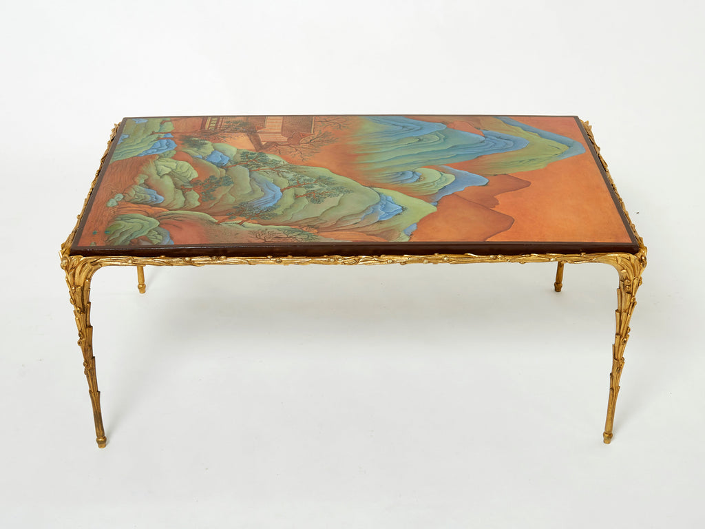 Maison Baguès foliage gilt bronze Chinese lacquered coffee table 1960s