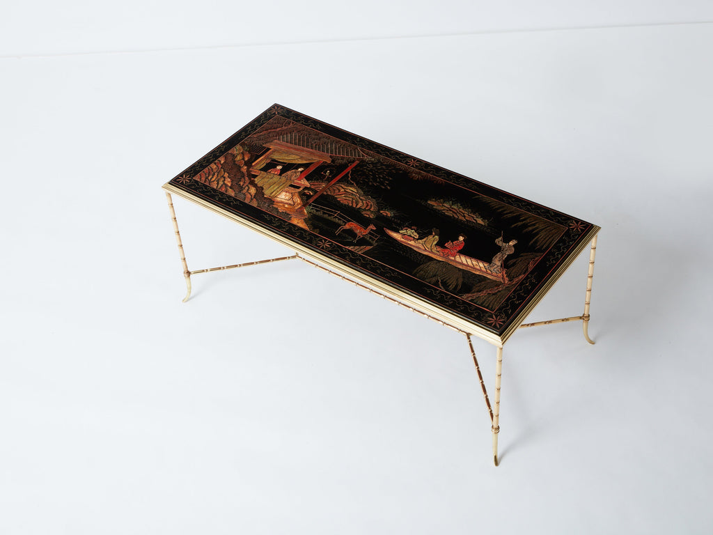 Maison Baguès bamboo brass Chinese lacquered coffee table 1960s