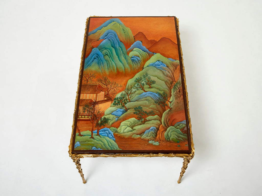 Maison Baguès foliage gilt bronze Chinese lacquered coffee table 1960s