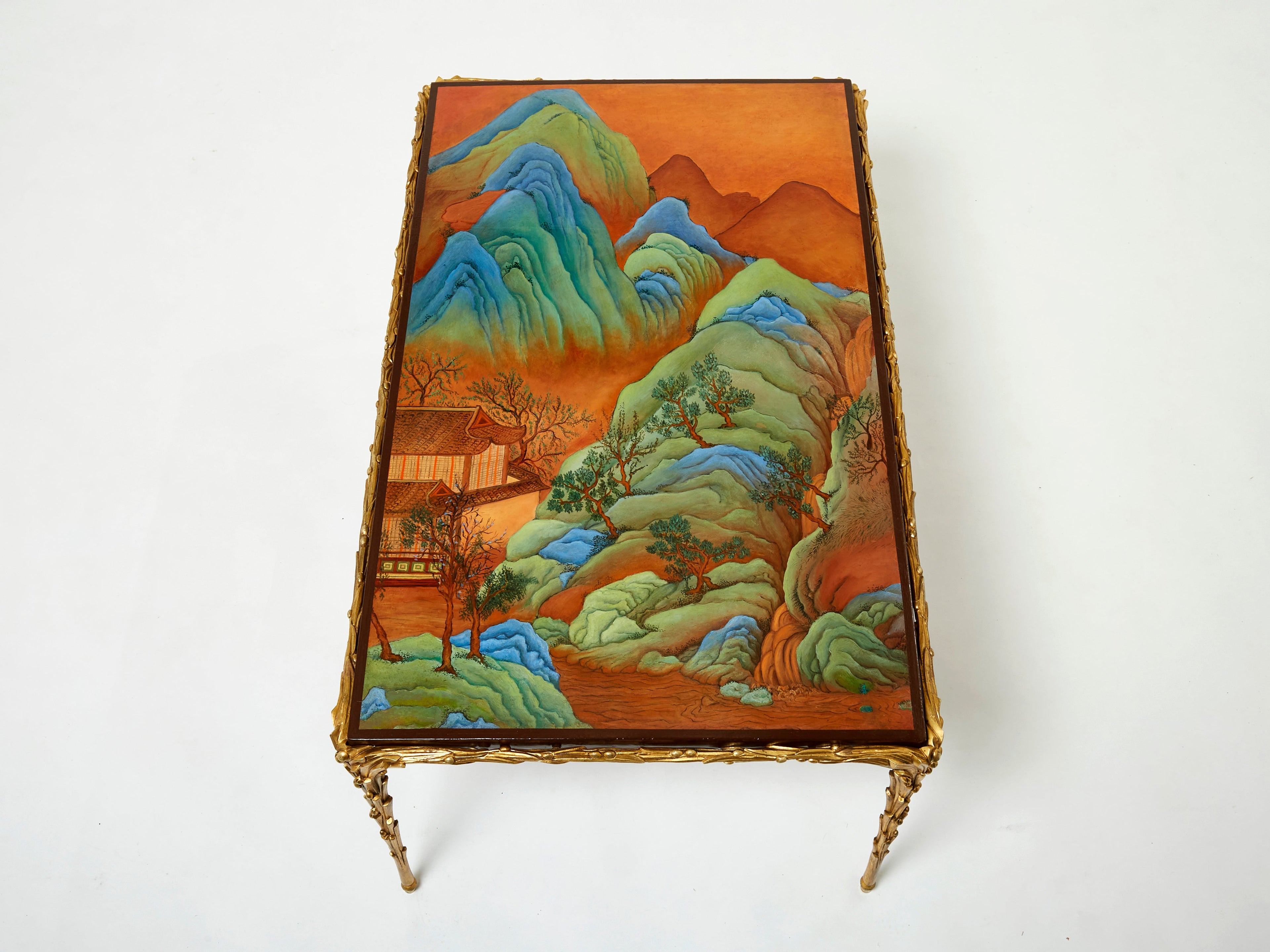 Maison Baguès foliage gilt bronze Chinese lacquered coffee table 1960s