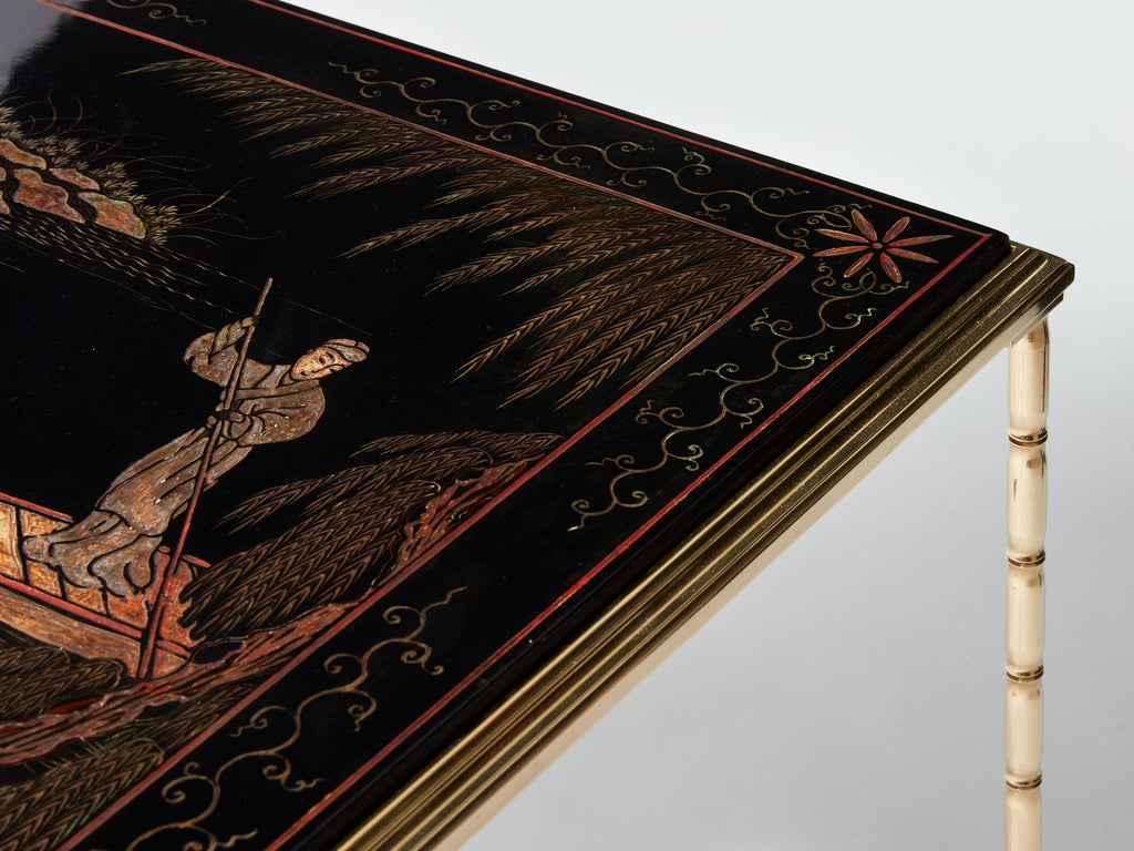 Maison Baguès bamboo brass Chinese lacquered coffee table 1960s