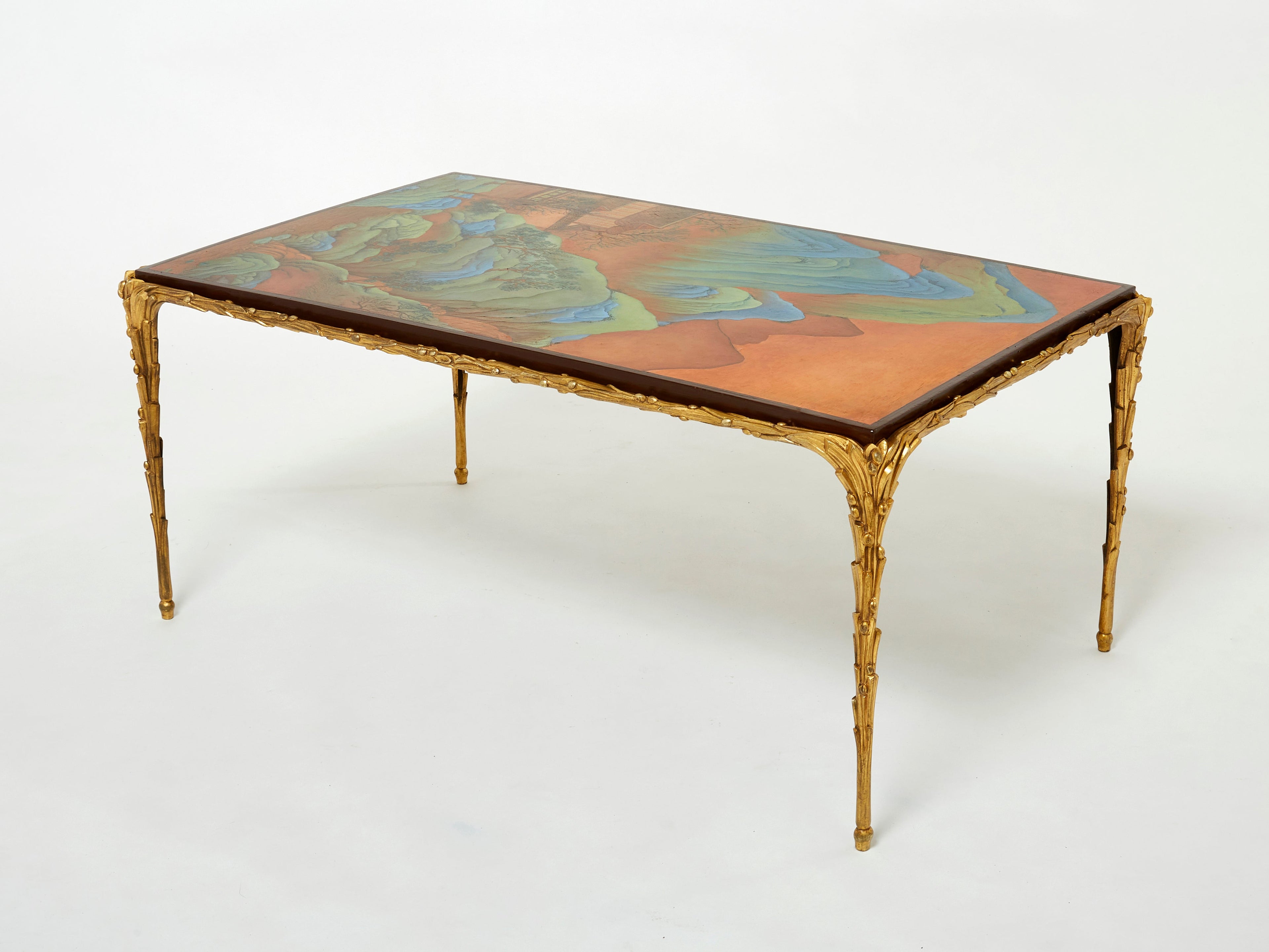 Maison Baguès foliage gilt bronze Chinese lacquered coffee table 1960s