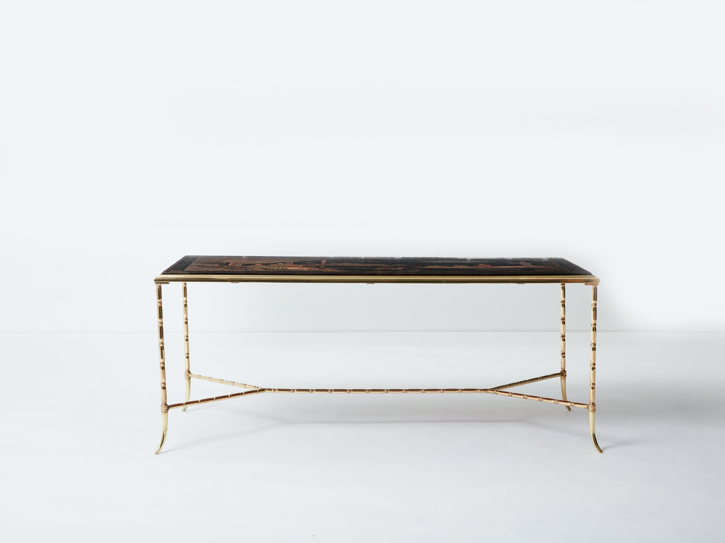 Maison Baguès bamboo brass Chinese lacquered coffee table 1960s