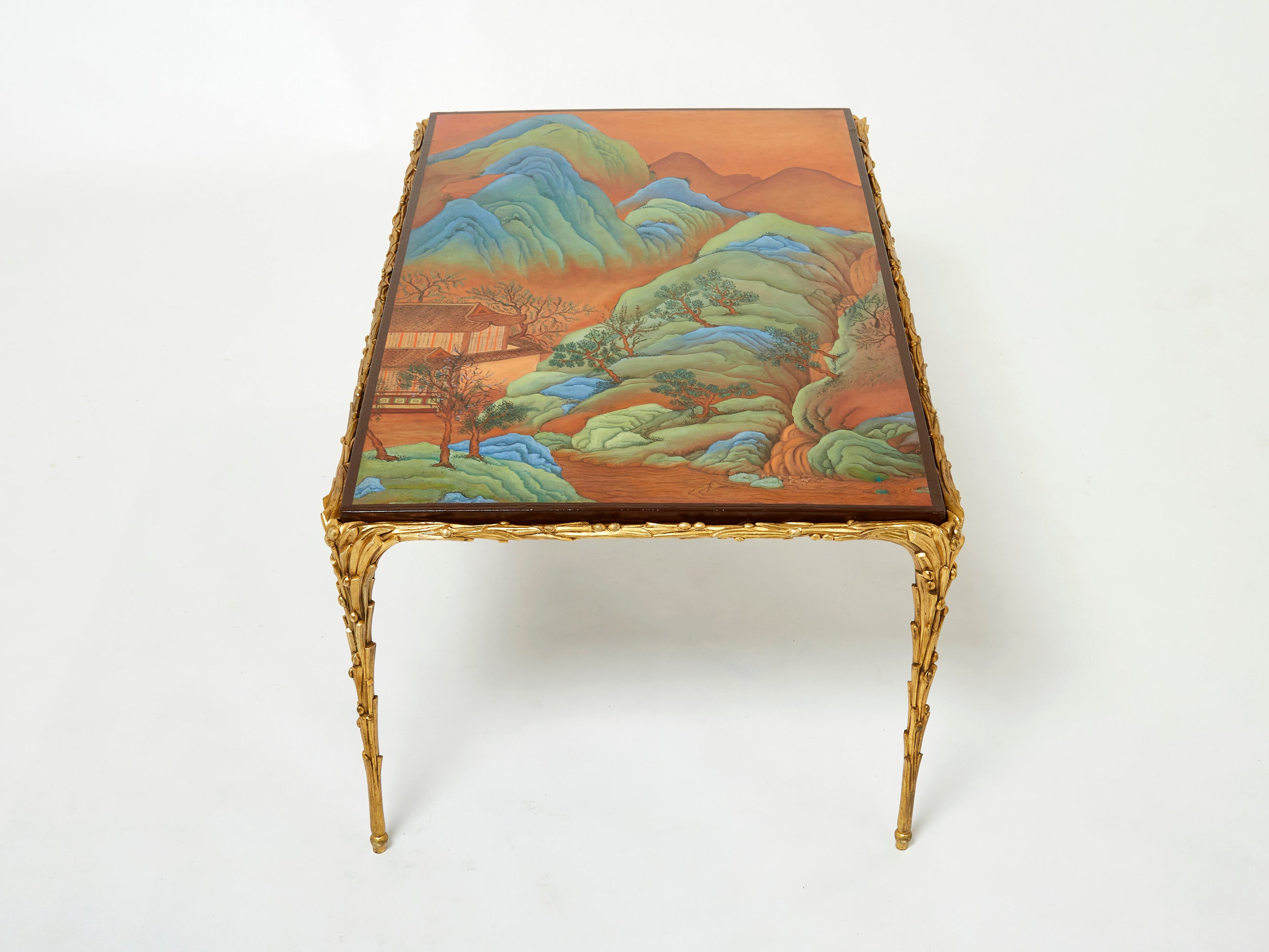 Maison Baguès foliage gilt bronze Chinese lacquered coffee table 1960s