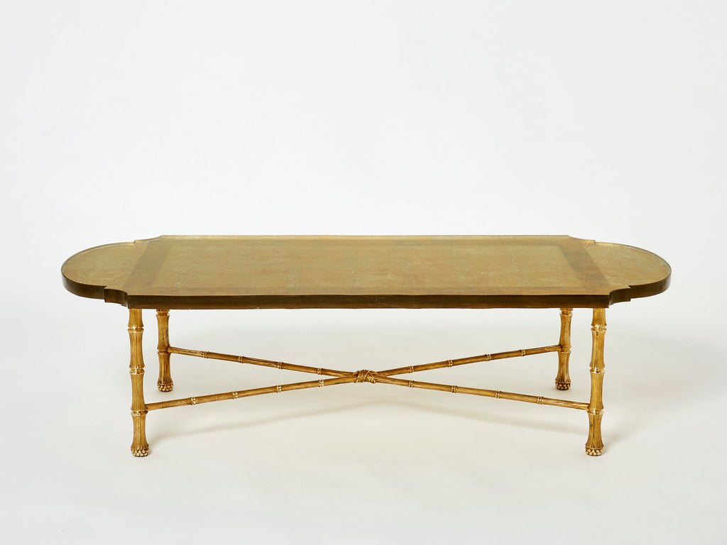 Maison Baguès bronze Saint Gobain gilded glass coffee table 1950s
