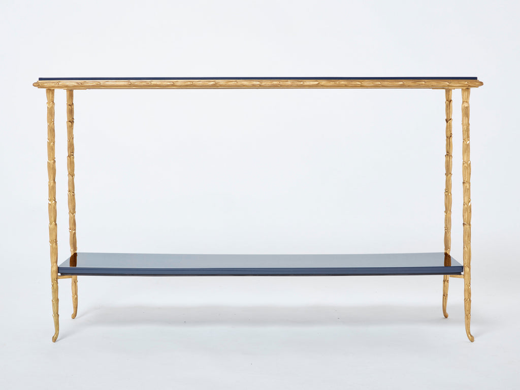 Maison Baguès foliage bronze blue lacquered console table 1960s