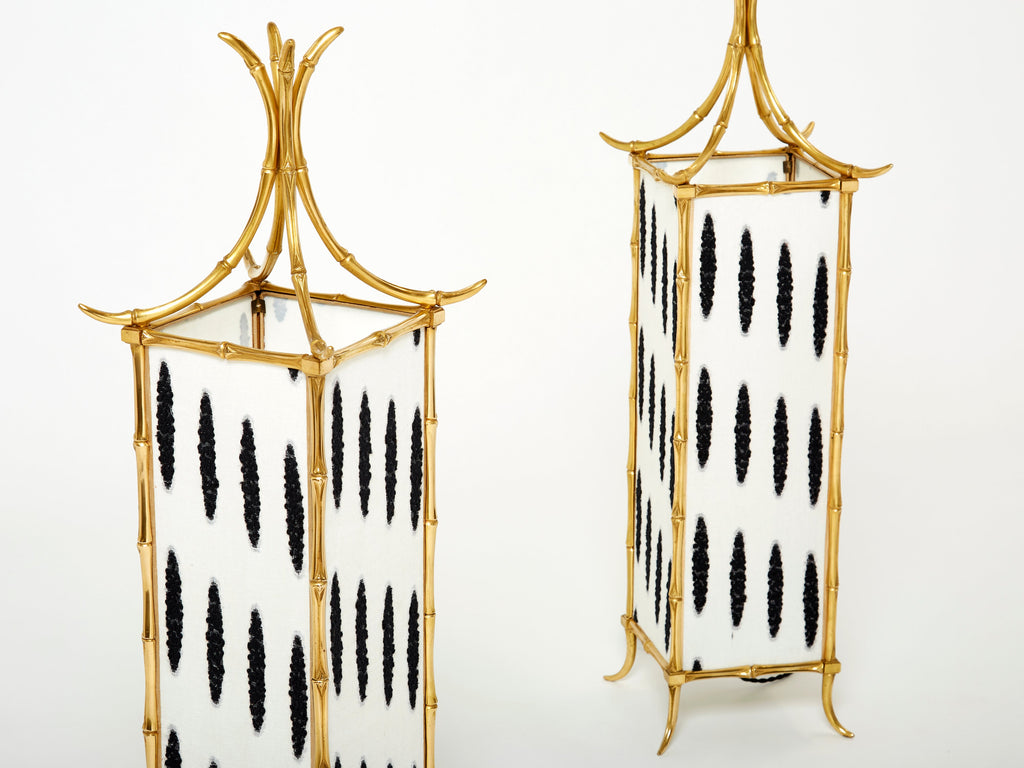 Pair of French Maison Baguès lantern lamps bamboo brass 1960s