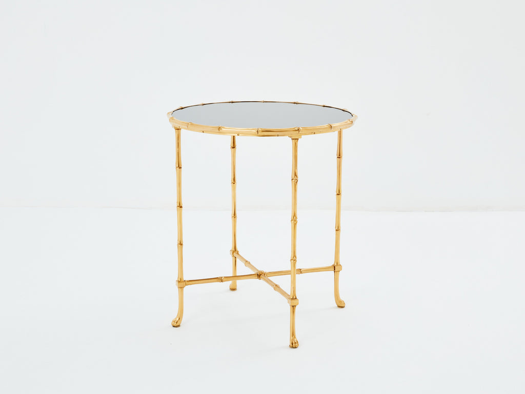Maison Baguès bamboo brass dark grey mirror gueridon table 1960s