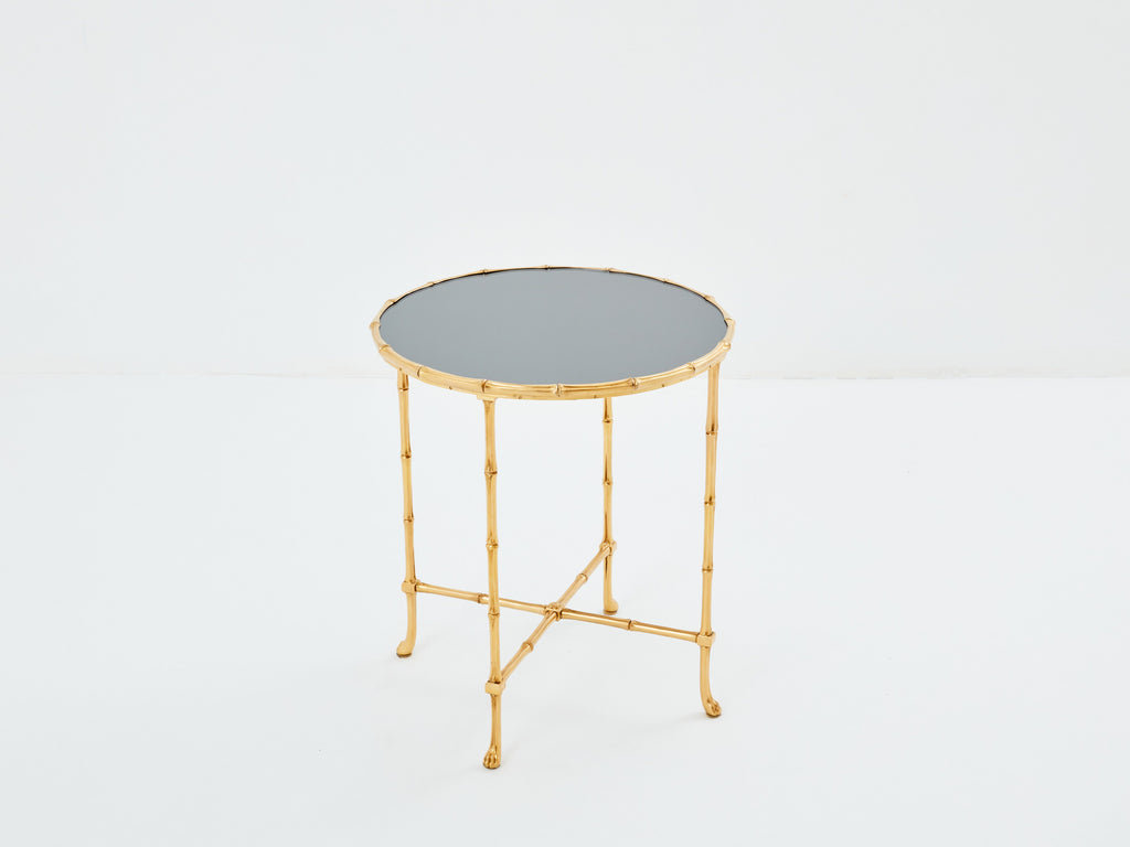 Maison Baguès bamboo brass dark grey mirror gueridon table 1960s