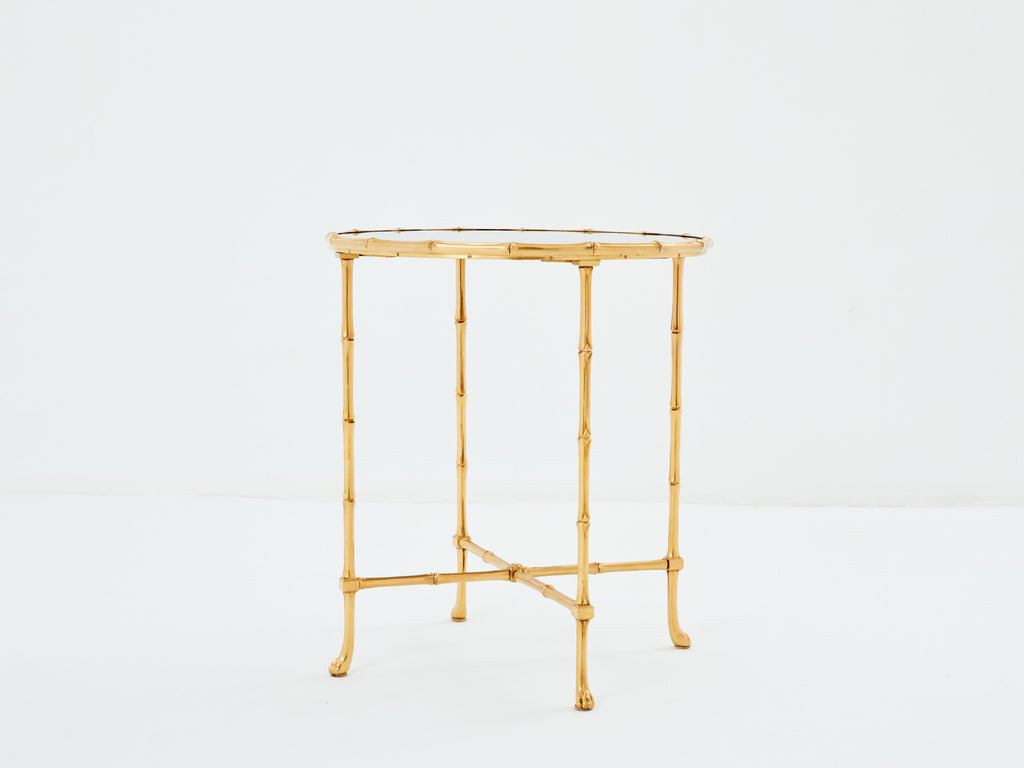 Maison Baguès bamboo brass dark grey mirror gueridon table 1960s