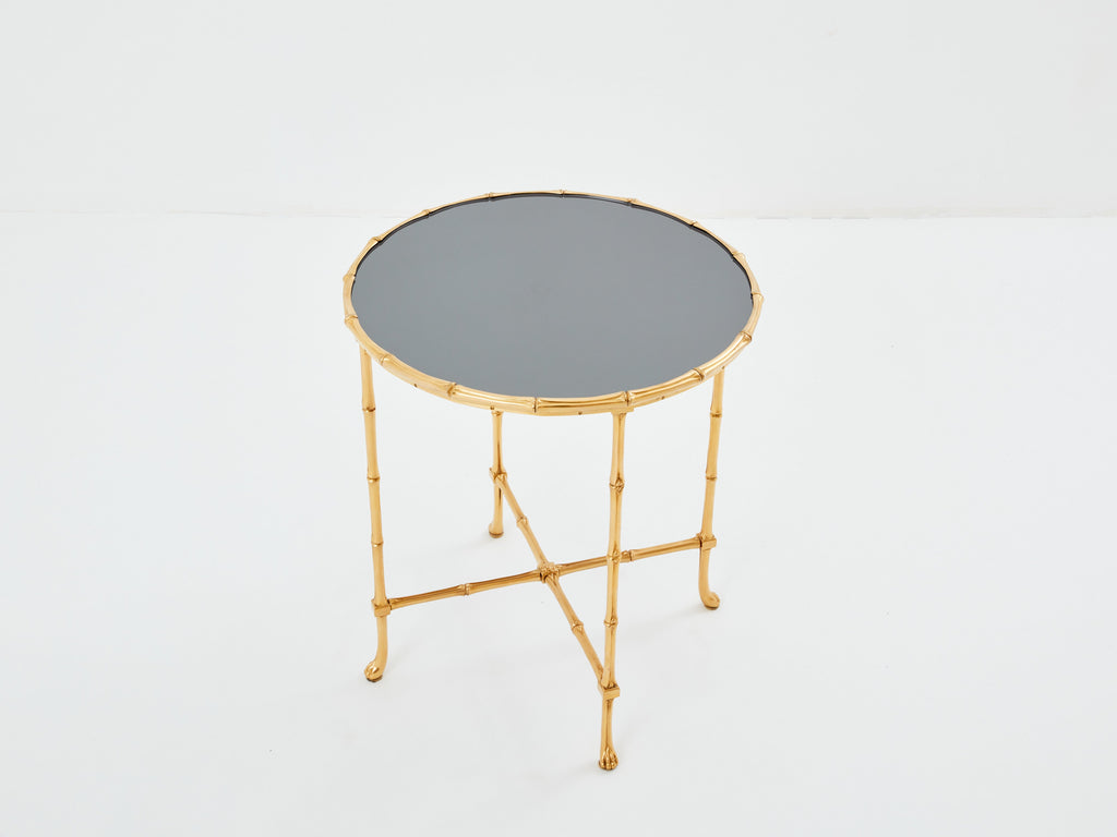 Maison Baguès bamboo brass dark grey mirror gueridon table 1960s