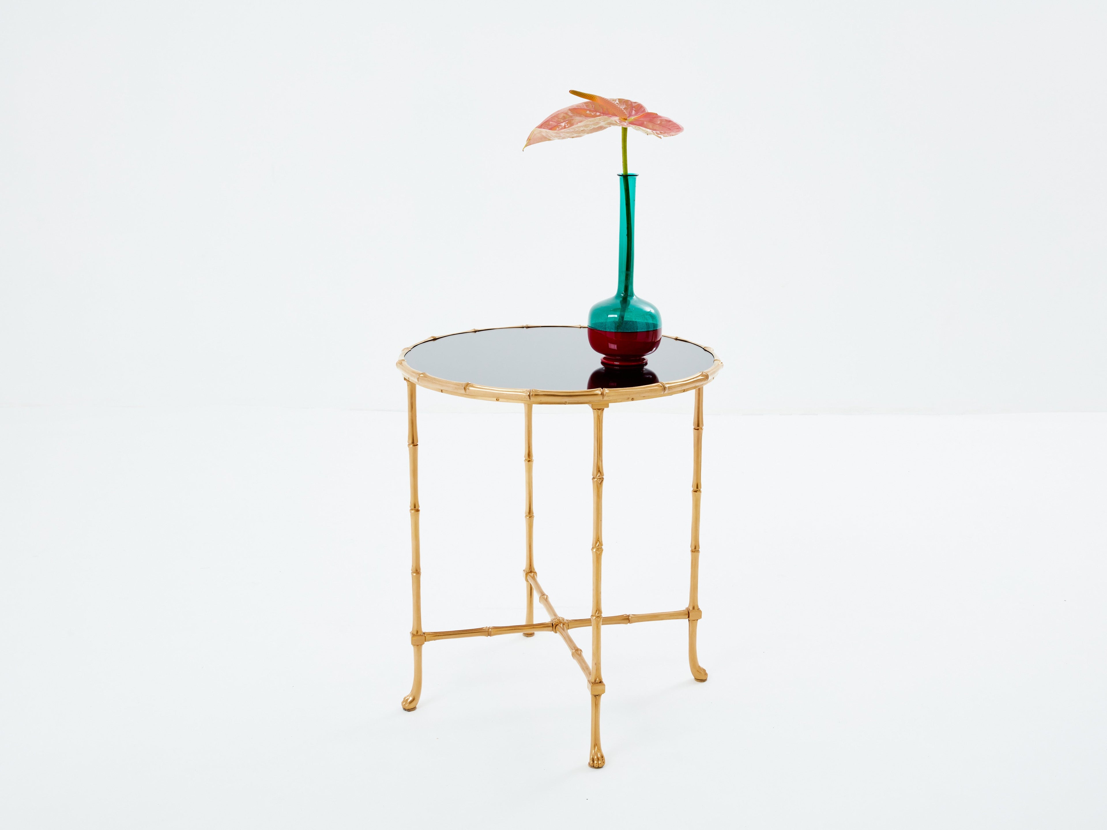 Maison Baguès bamboo brass dark grey mirror gueridon table 1960s