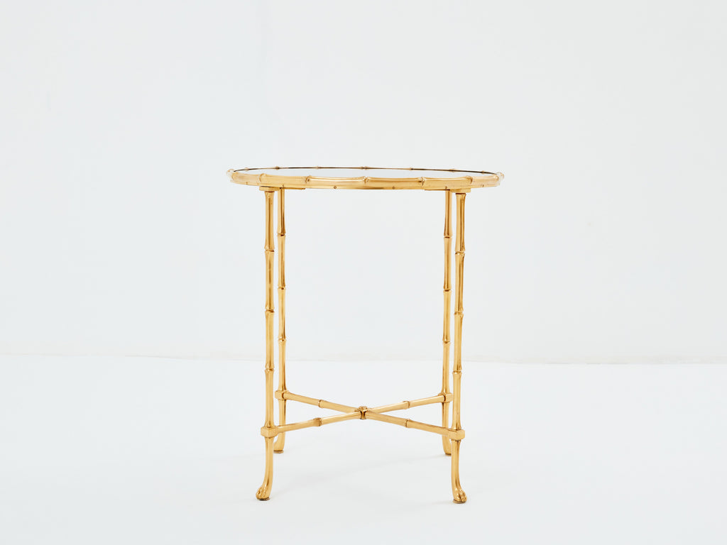 Maison Baguès bamboo brass dark grey mirror gueridon table 1960s