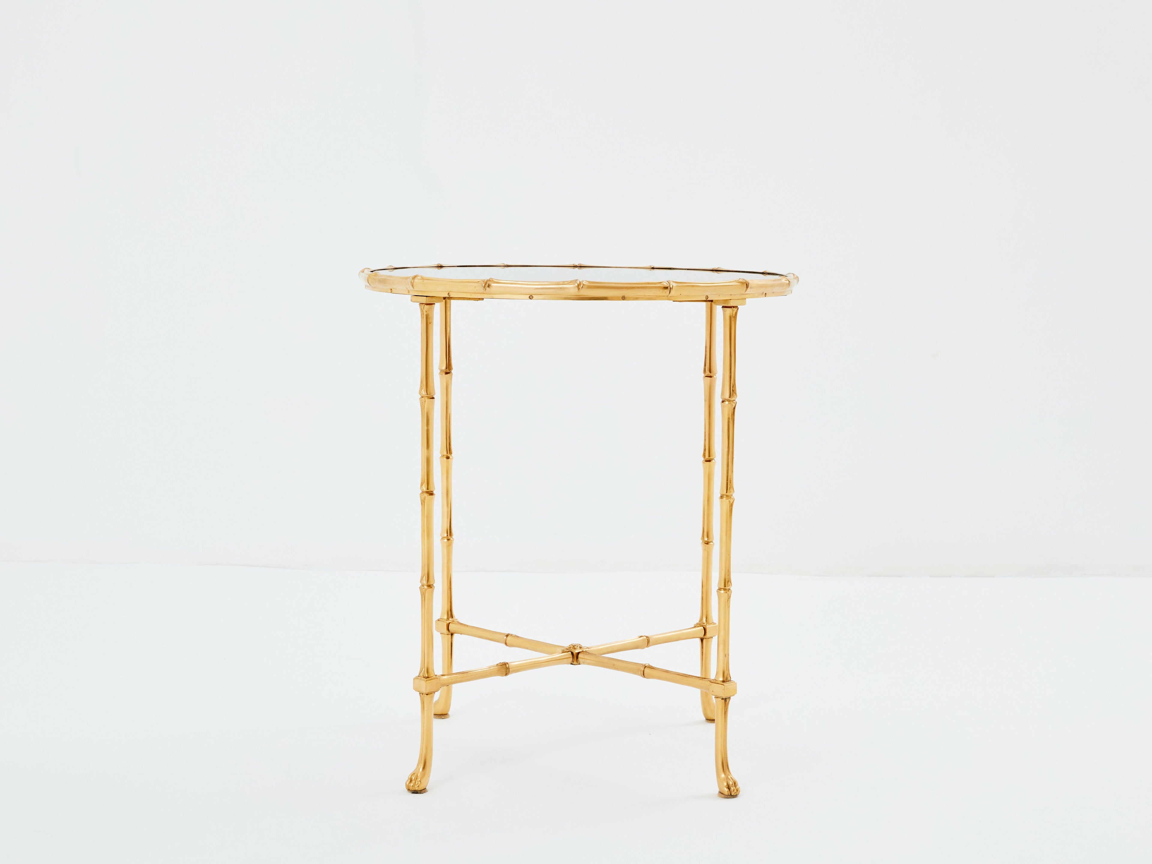 Maison Baguès bamboo brass dark grey mirror gueridon table 1960s