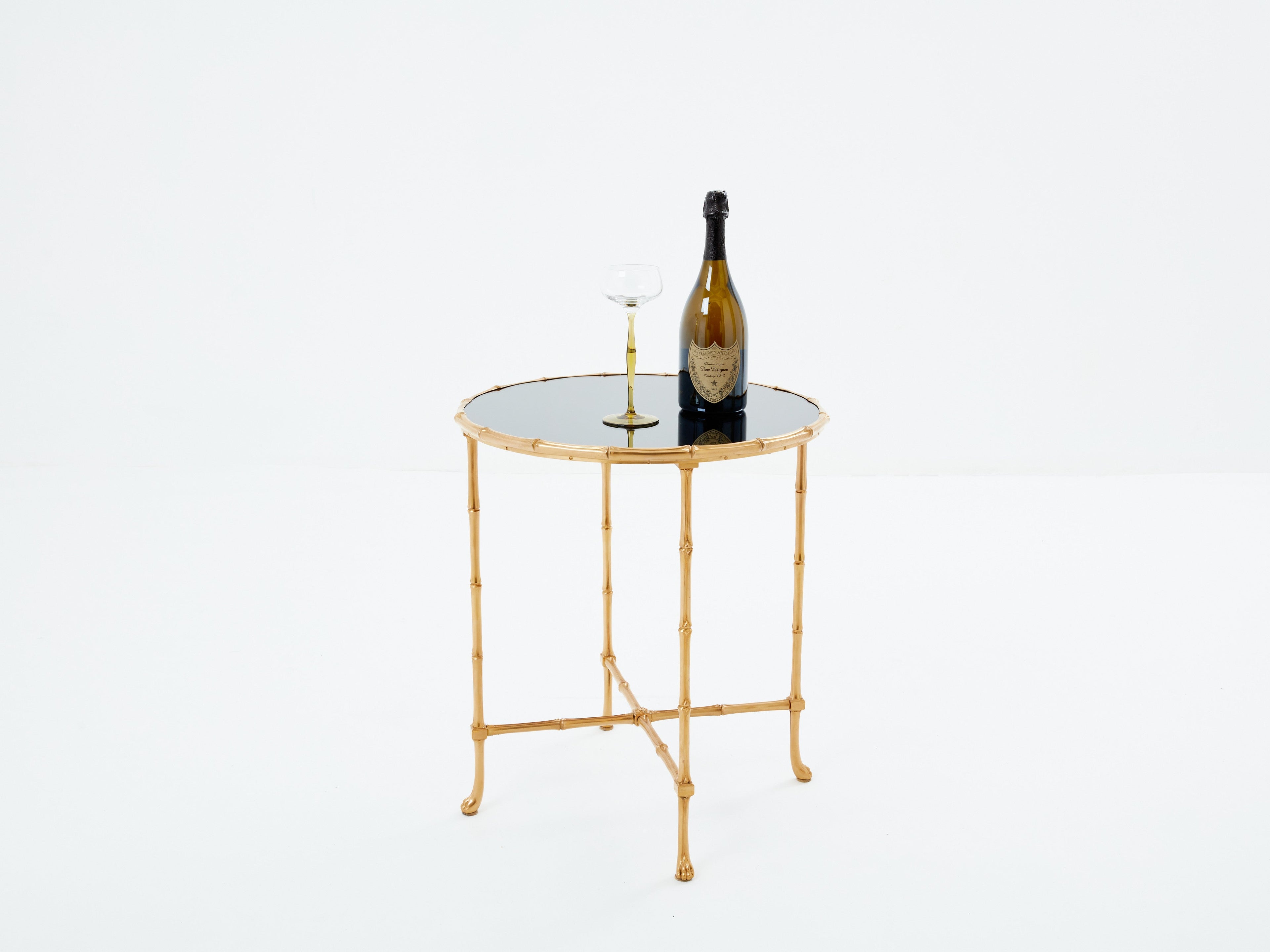 Maison Baguès bamboo brass dark grey mirror gueridon table 1960s